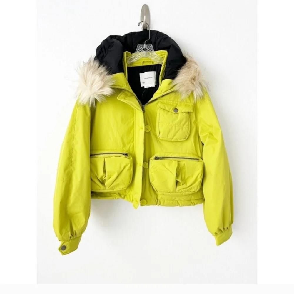 NWT Anthropologie Cropped Hooded Puffer Coat Lime Green Lined Coat Ski Winter